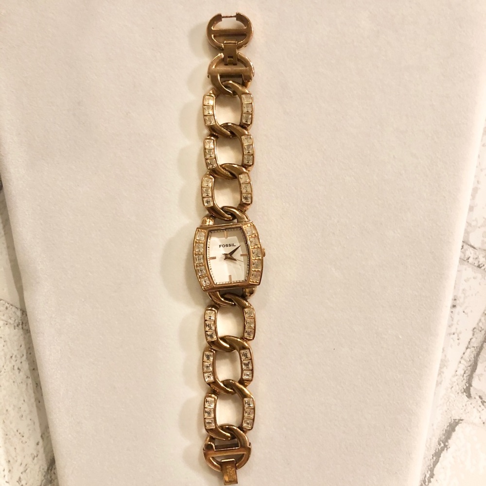 Vintage Fossil F2 Watch Y2K Gold Bronze Rhinestone Crystal Link Bracelet